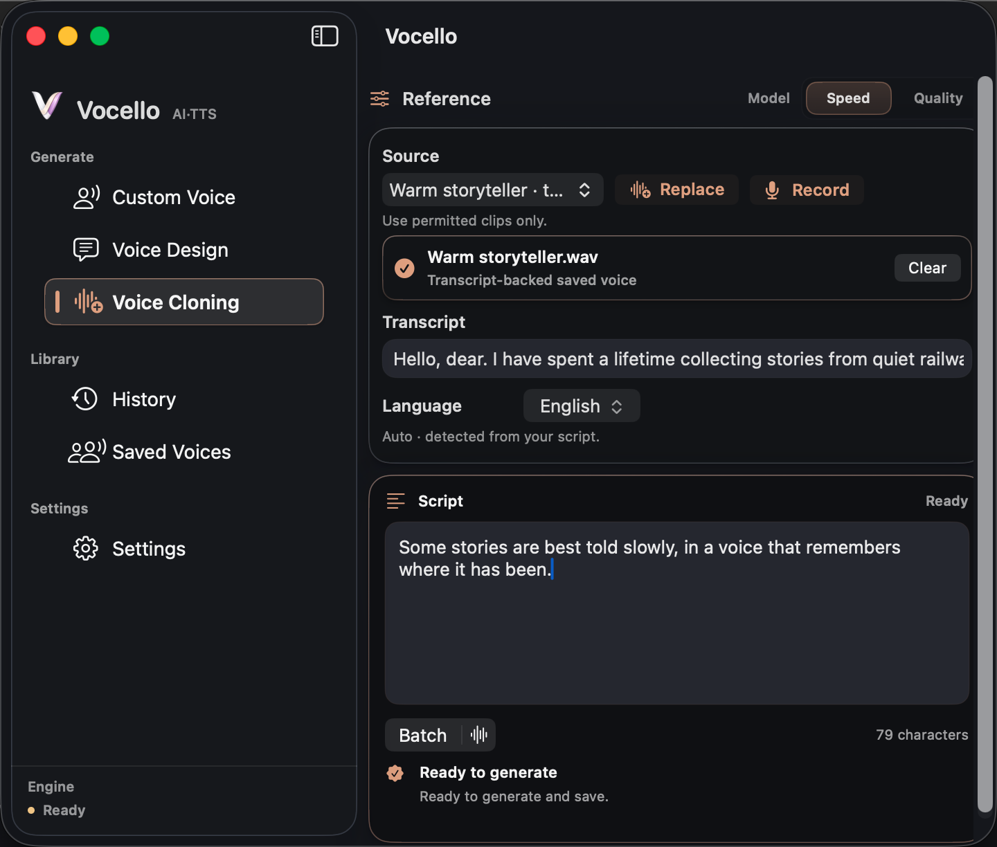 Vocello Voice Cloning screen