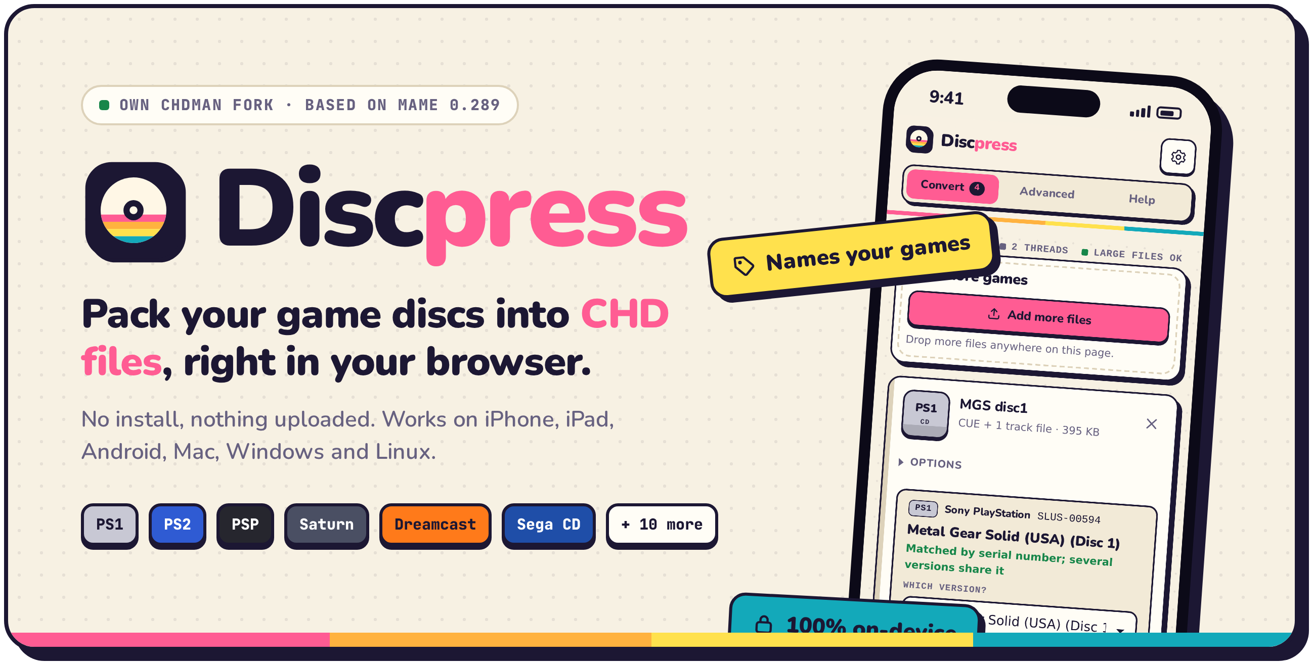 Discpress: pack your game discs into CHD files, right in your browser.