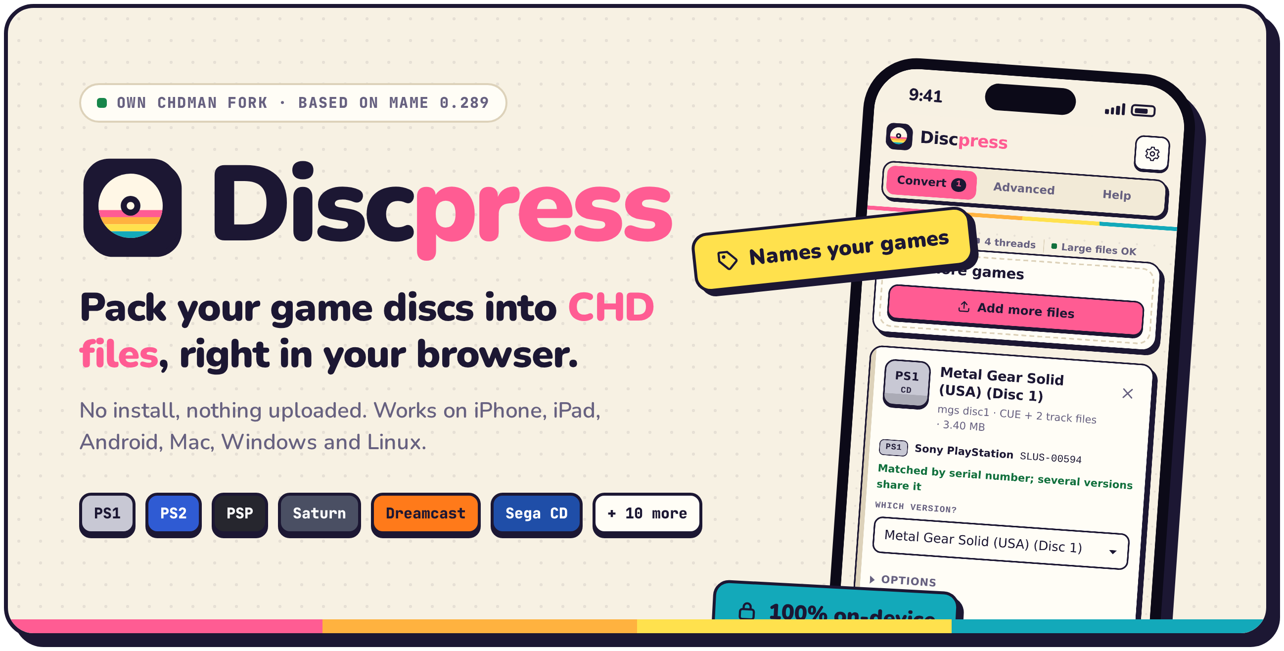 Discpress: pack your game discs into CHD files, right in your browser.