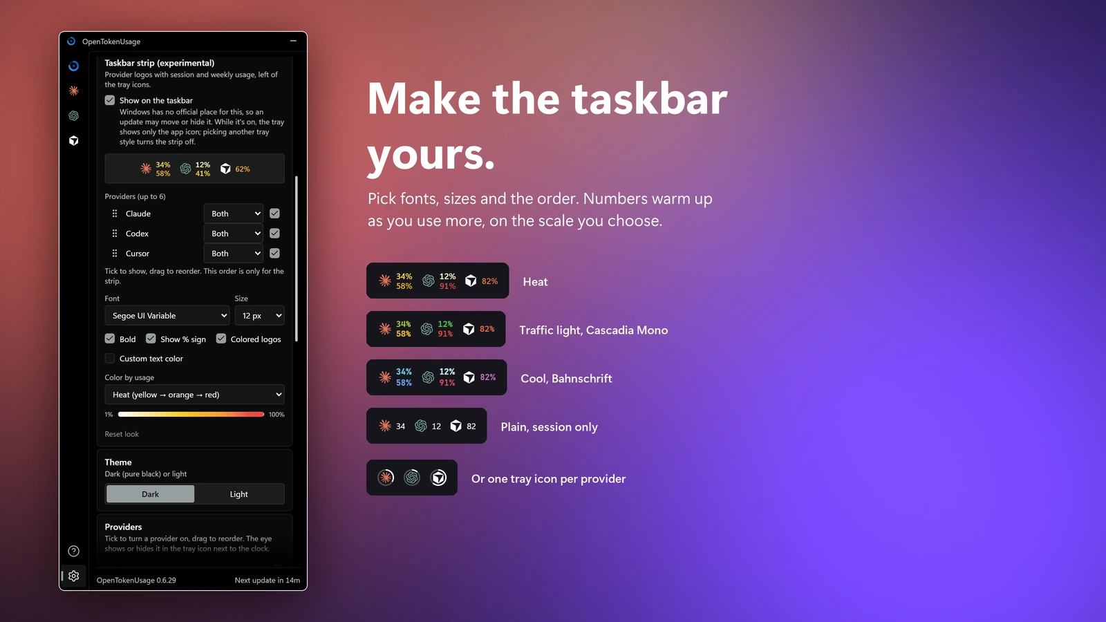 Taskbar strip settings with a live preview, and the strip in different fonts and color scales