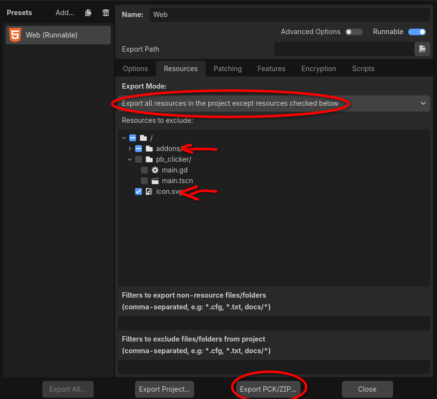 Image of godot export settings; export all resources except check below selected and addons selected below along with icon.svg selected