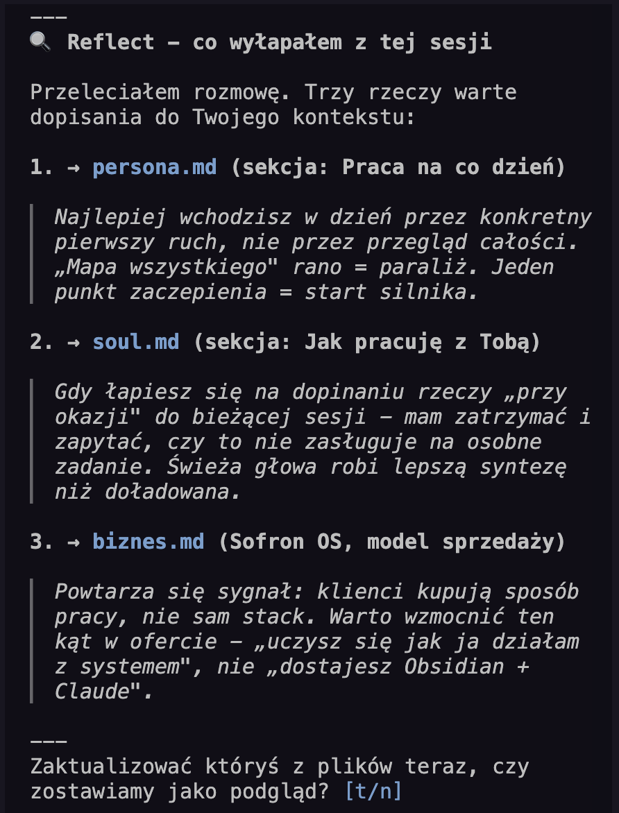 Komenda REFLECT - system pokazuje propozycje zmian w profilu do zatwierdzenia lub odrzucenia