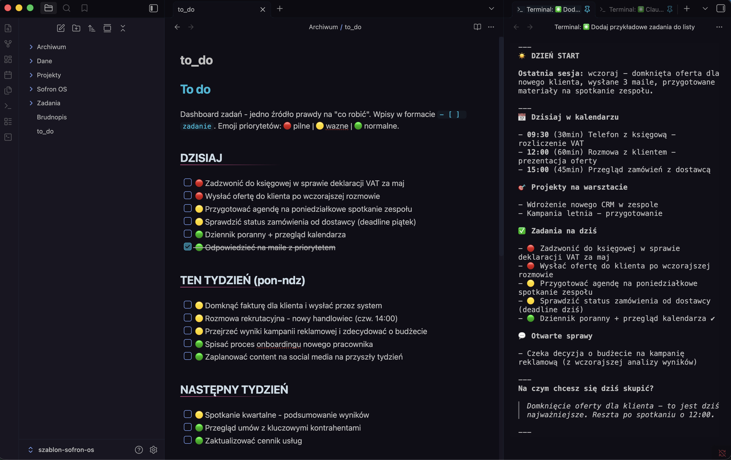 Sofron OS - dashboard zadań z kalendarzem i asystentem prowadzącym przez dzień