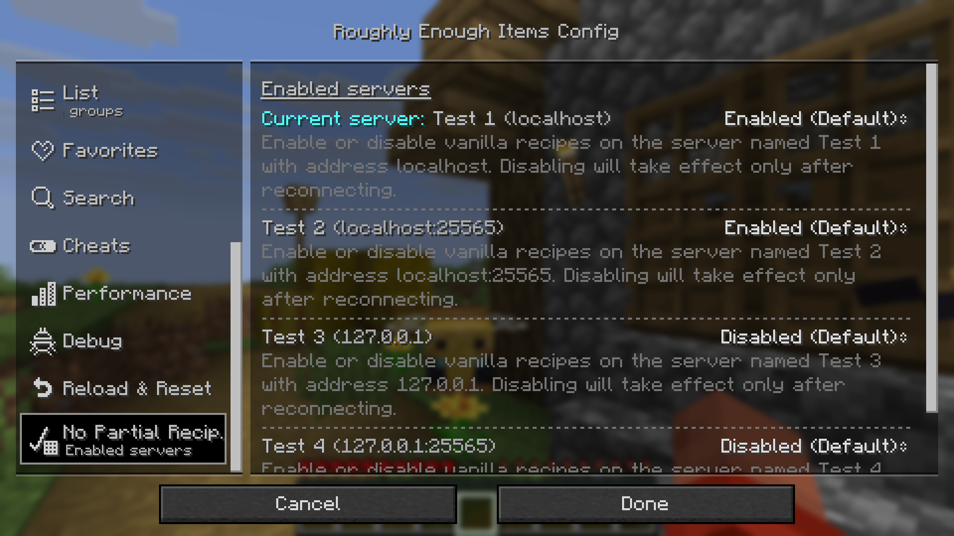 REI No Partial Recipes Settings