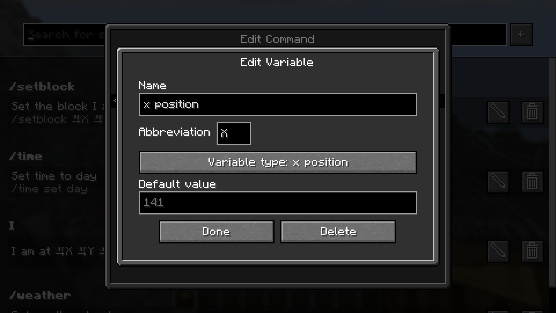 Edit variable screen
