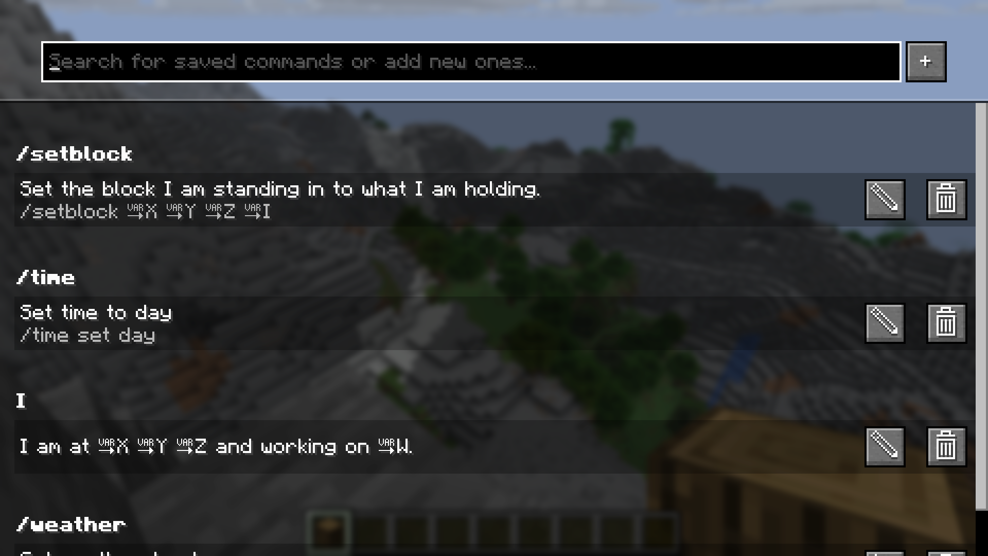 Saved Commands screen