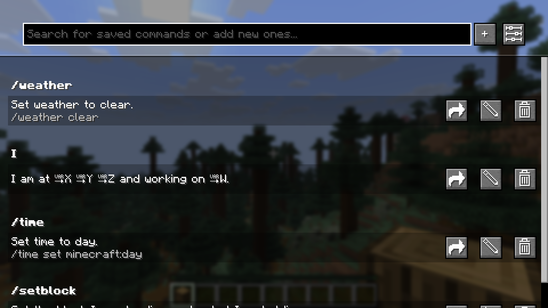 Saved Commands screen