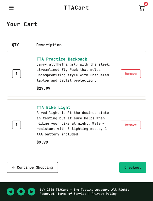 TTACart cart page with 2 items
