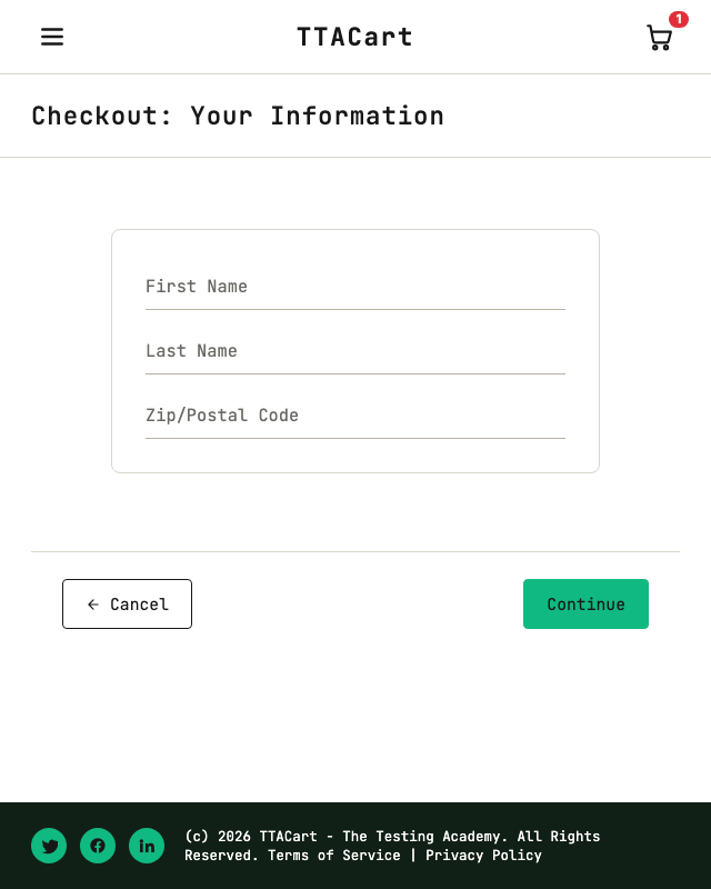 TTACart checkout step one - guest info
