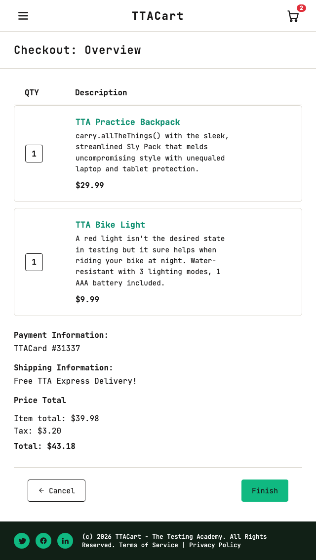 TTACart checkout step two - overview totals