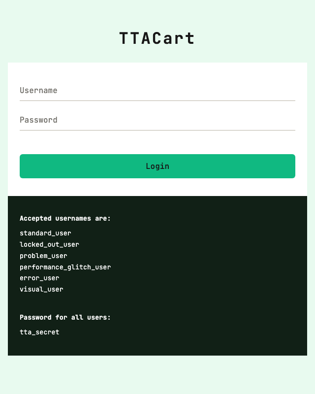 TTACart login page
