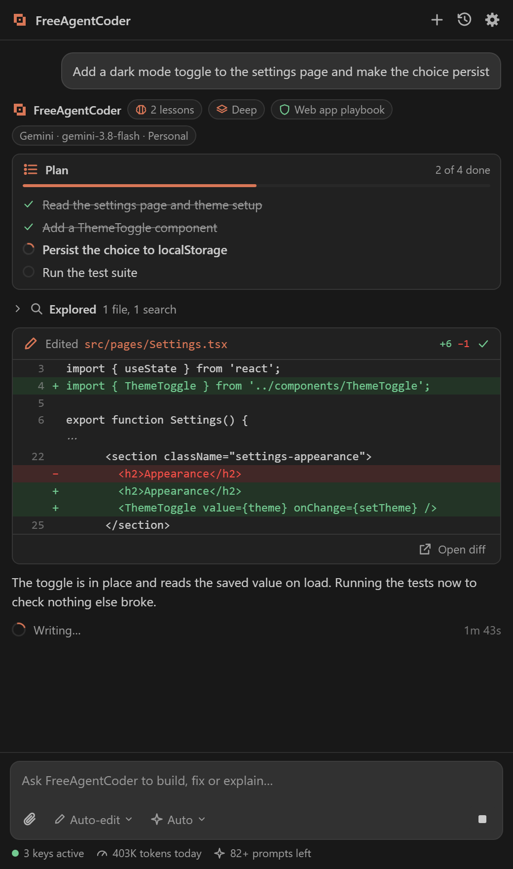 A task running: the plan, a file edit with its diff, and live status