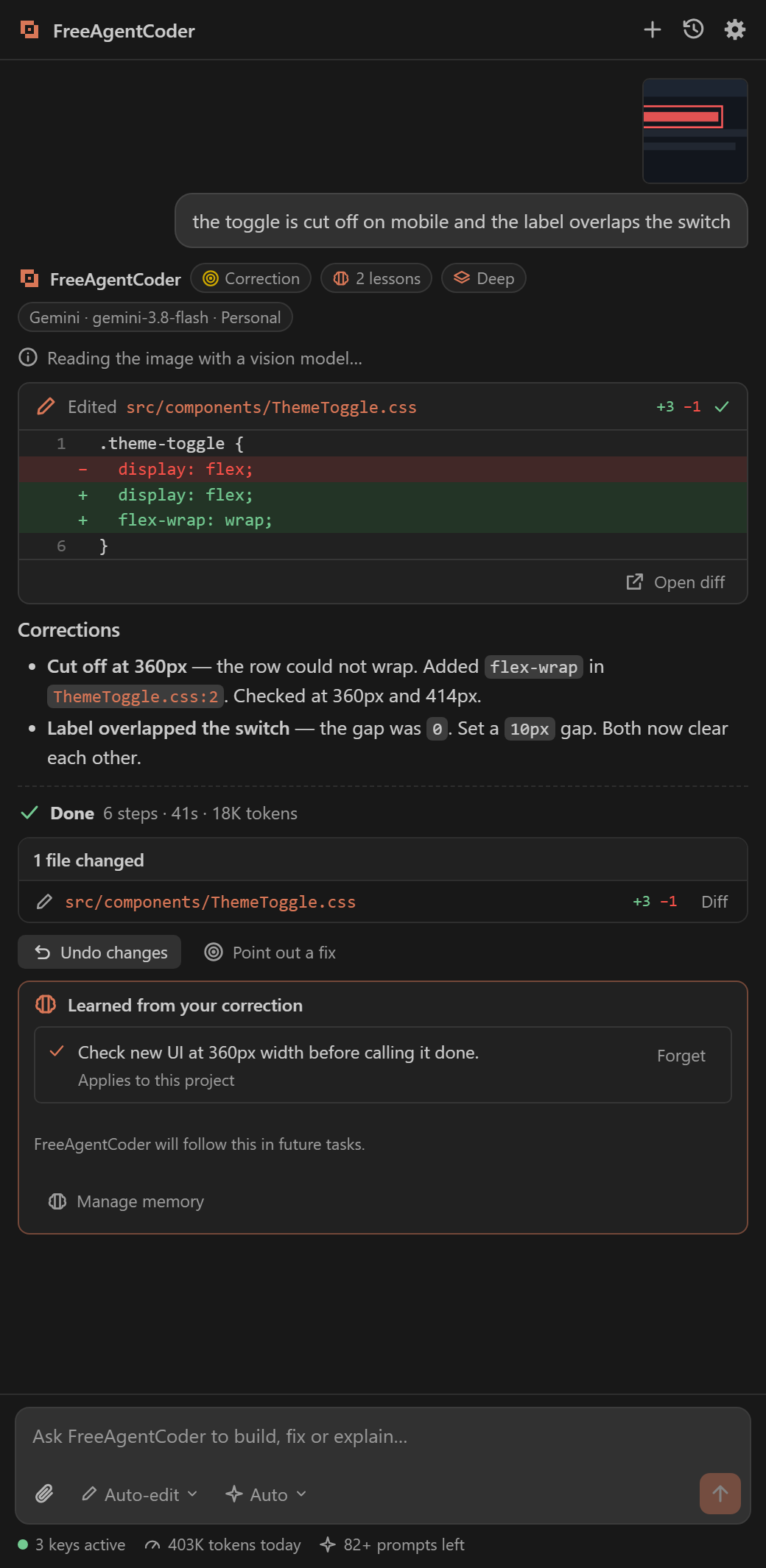 Correction mode: a pasted screenshot fixed point by point, with the lesson saved