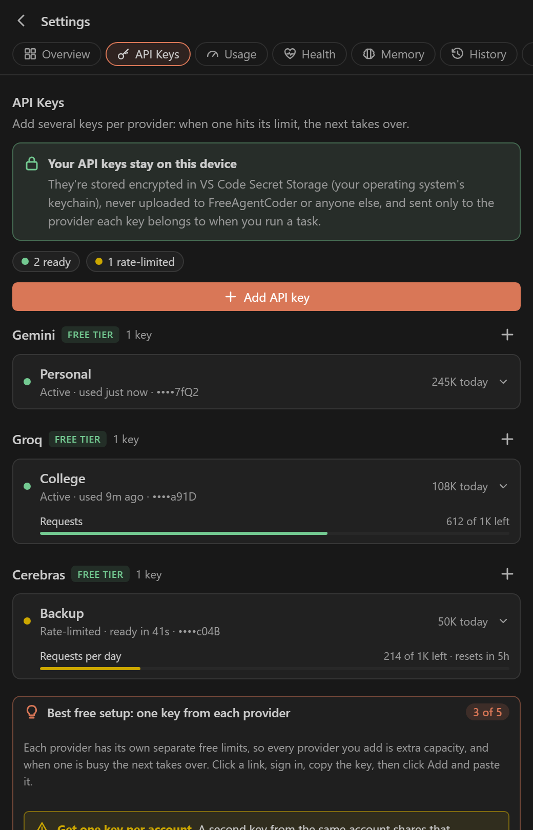 API keys: stored encrypted on your device, with usage and limits per key