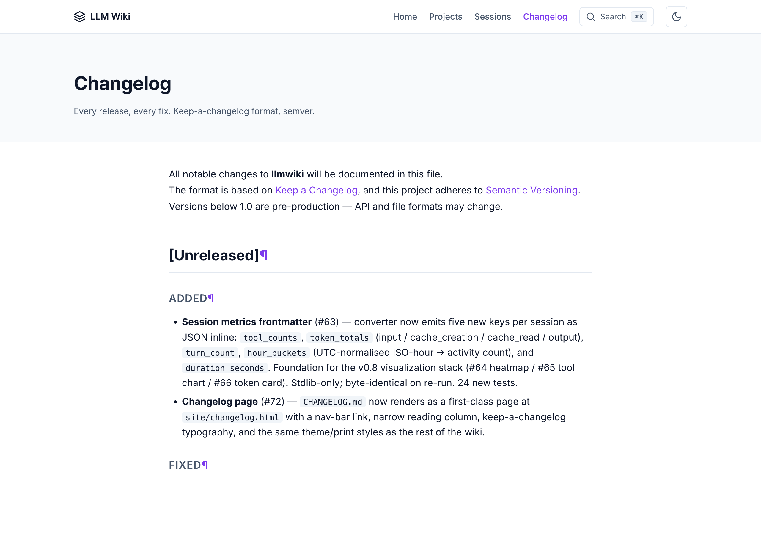 llmwiki changelog page — keep-a-changelog format with colored headings for Added / Fixed / Changed and auto-linked PR references