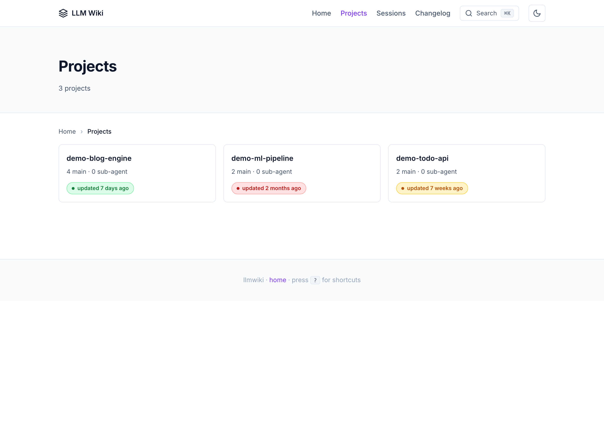 llmwiki projects index — three demo project cards with green/yellow/red freshness badges showing how recently each project was touched