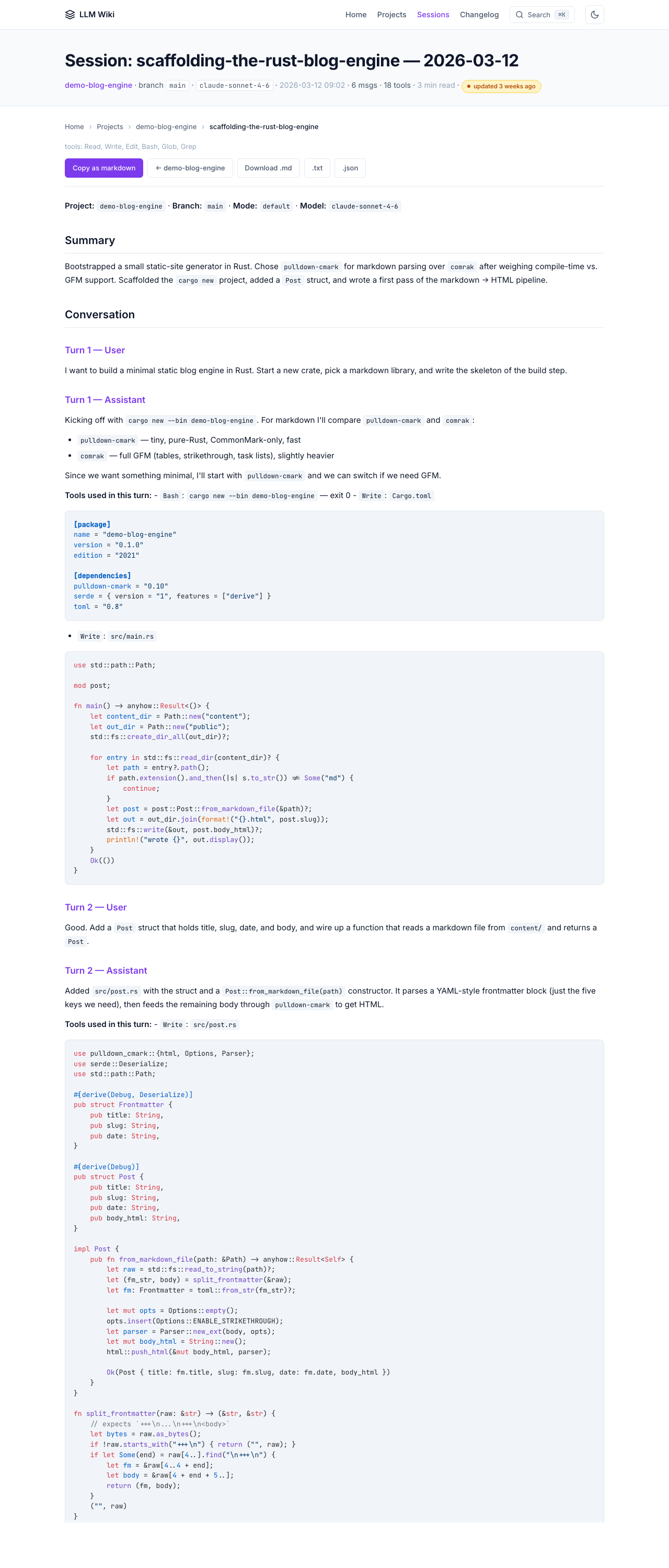 llmwiki session detail — Rust blog engine scaffolding session showing summary, breadcrumbs, a TOML Cargo.toml block and a Rust main.rs block, both highlighted by highlight.js