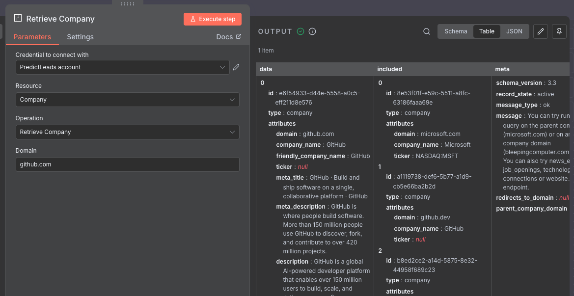 Test a company search through PredictLeads