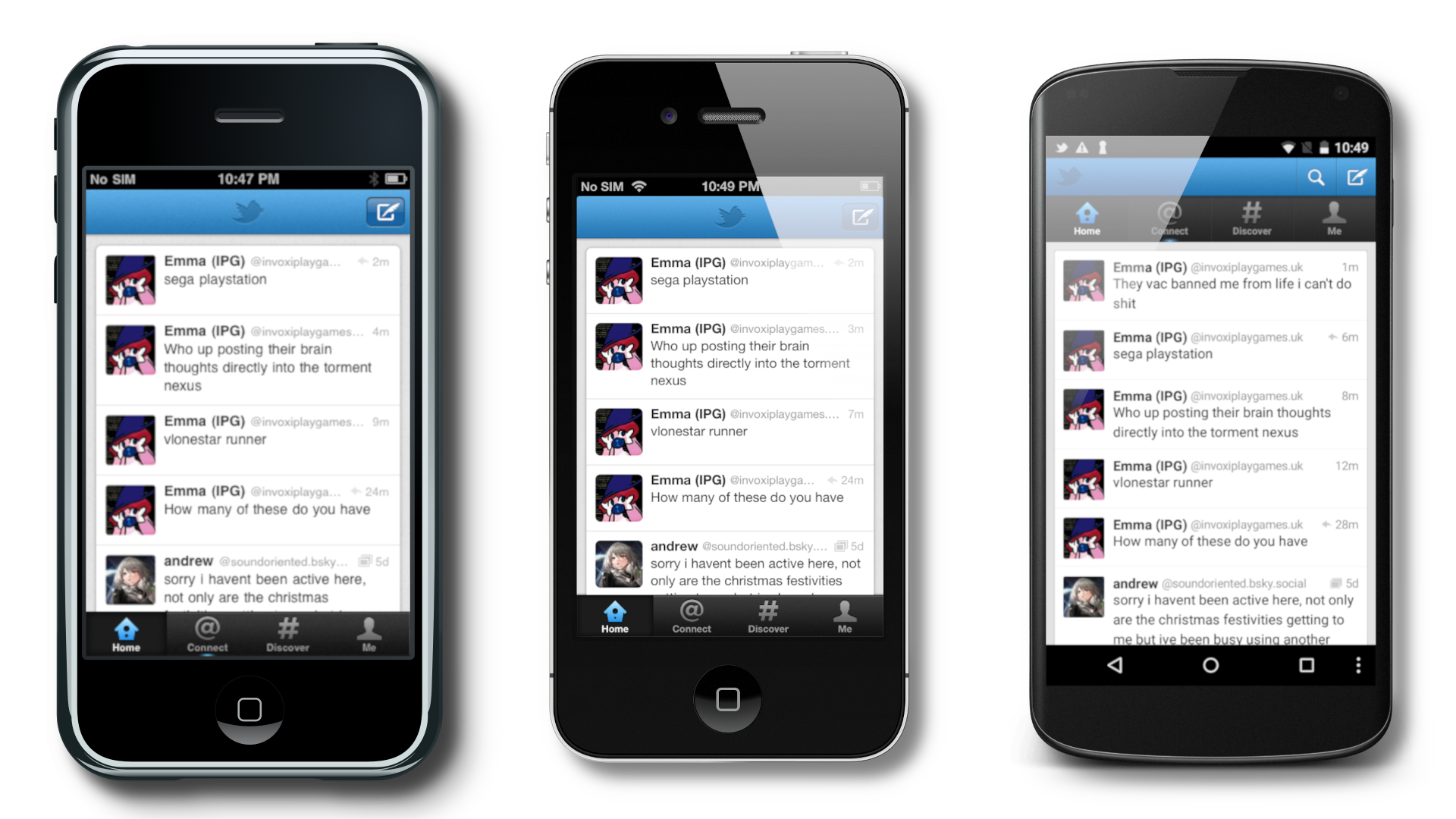 An iPhone 3G, iPhone 4S, and Nexus 4 showing the Twitter home timeline