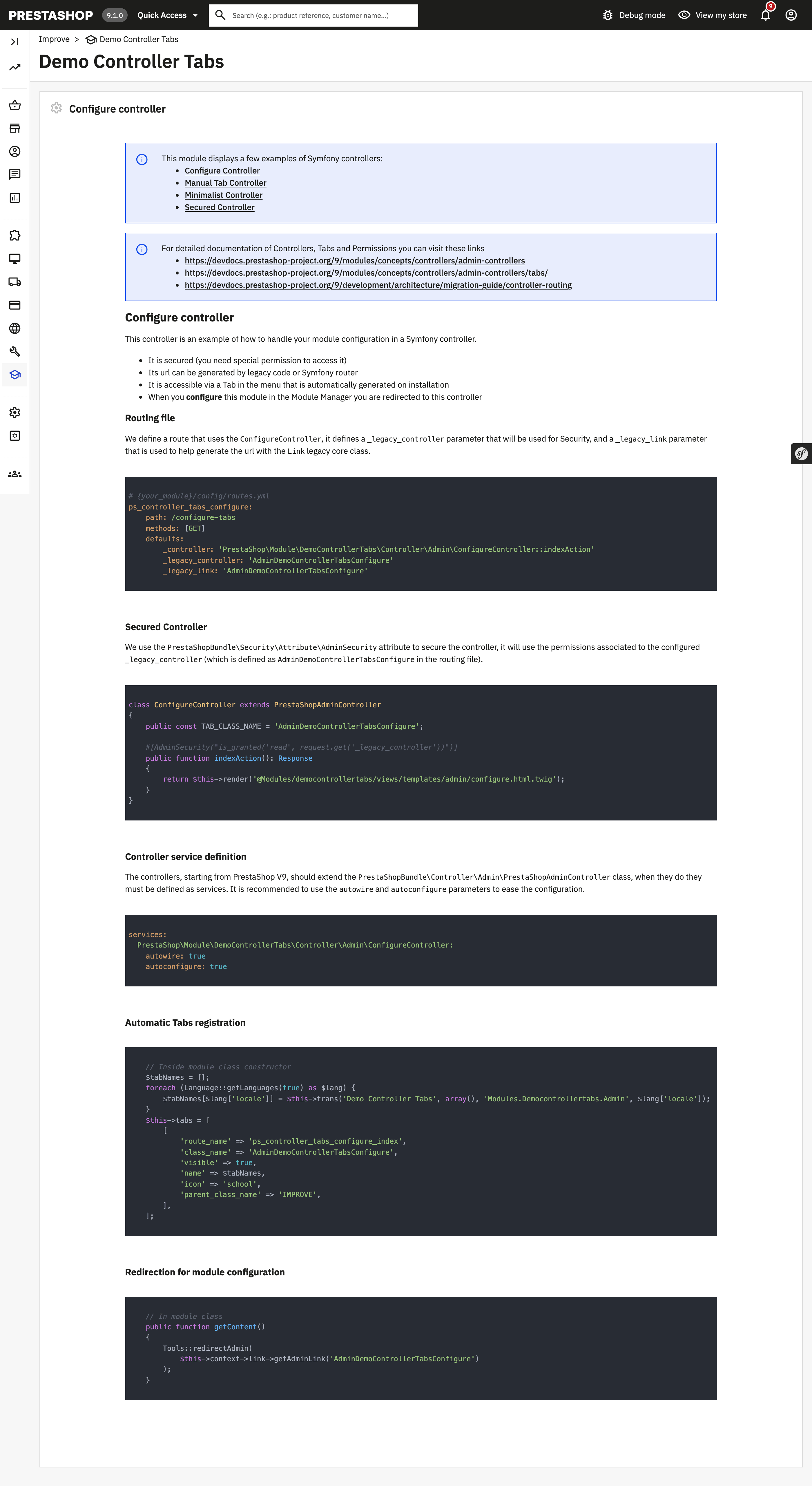 democontrollertabs: module tab registered in the back office navigation