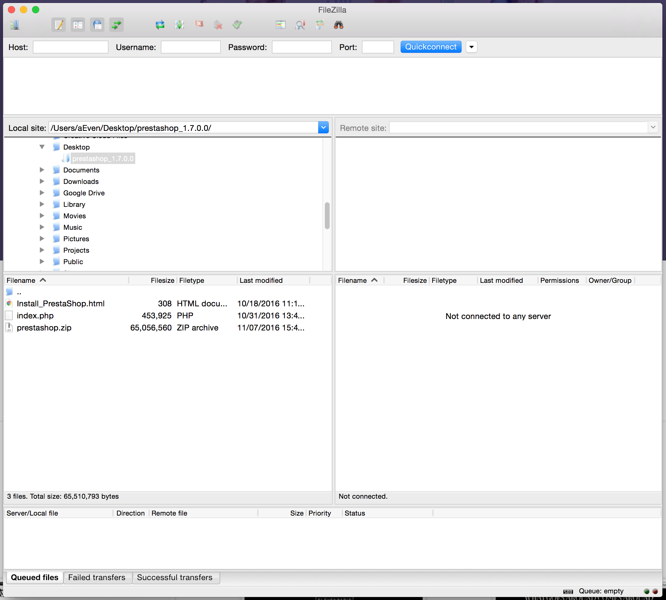 PrestaShop files in FileZilla local panel