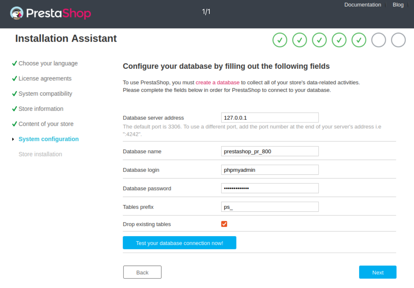 PrestaShop database configuration