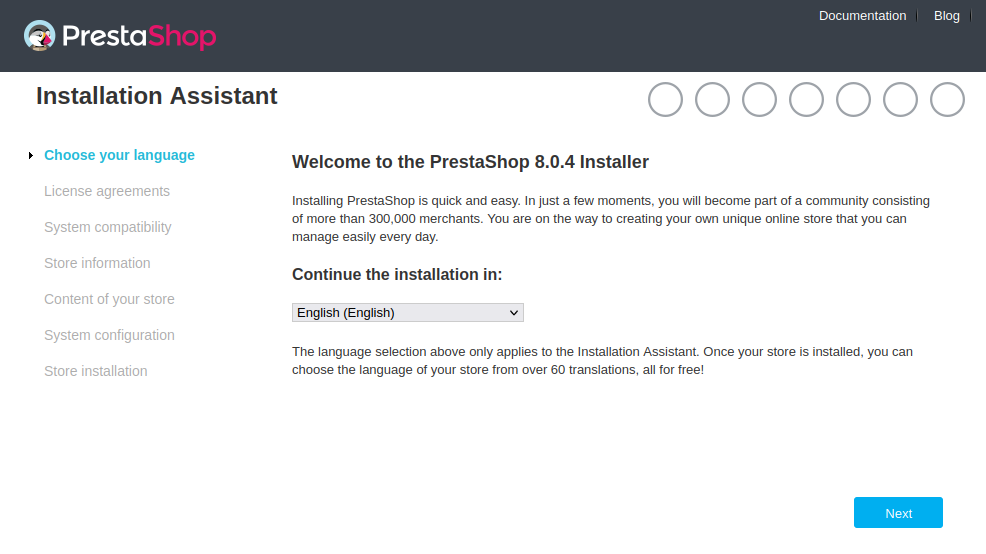 PrestaShop installation assistant welcome screen