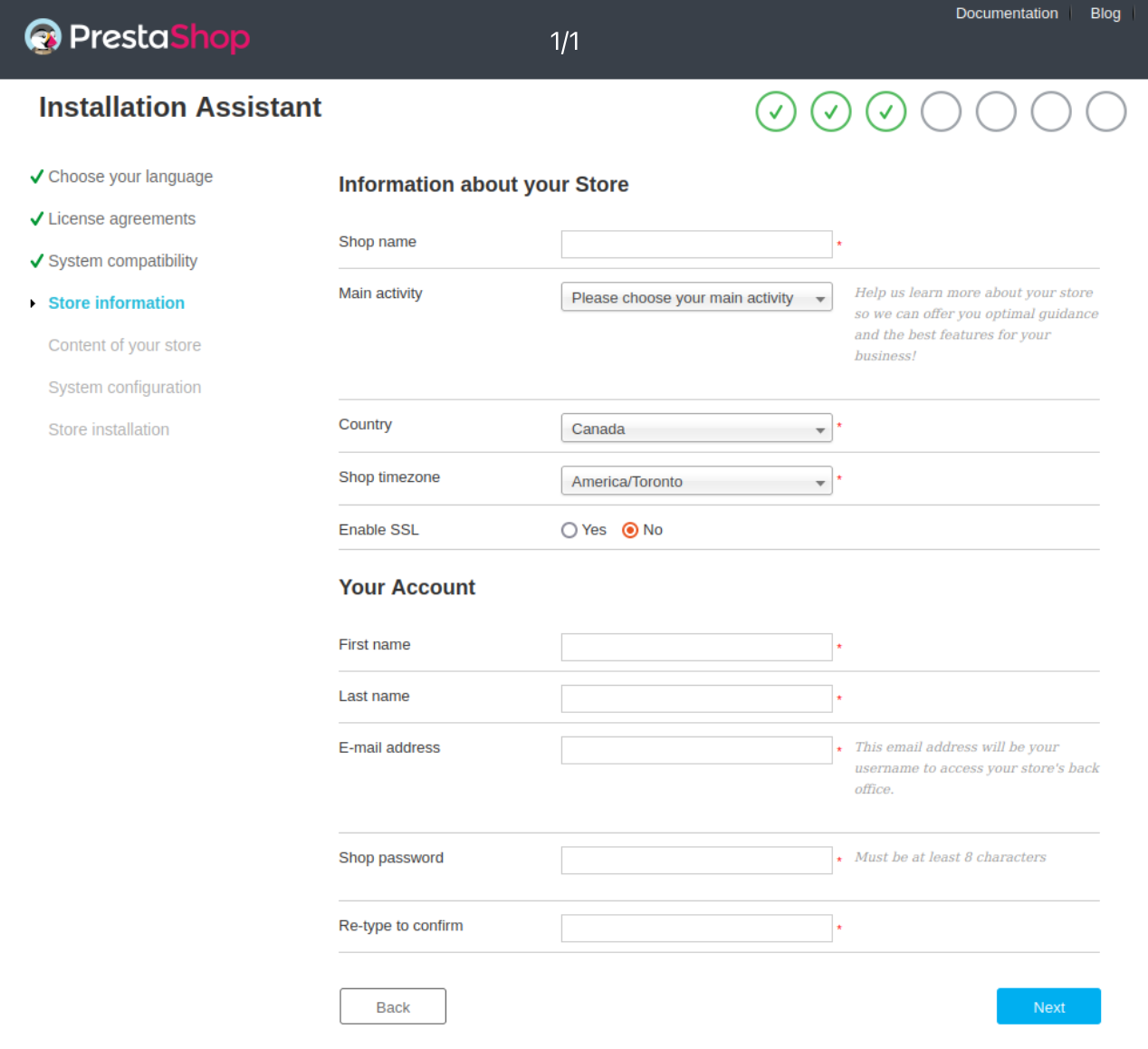 PrestaShop store configuration in installer