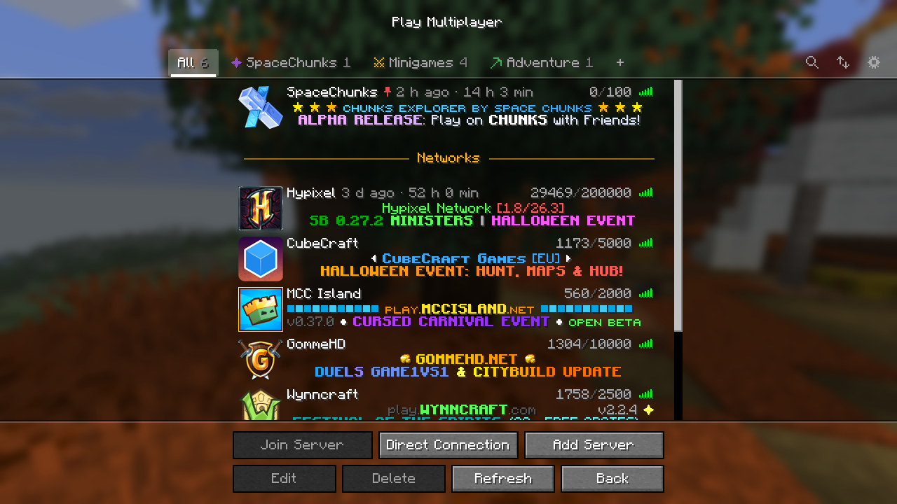 The server list with folders as tabs