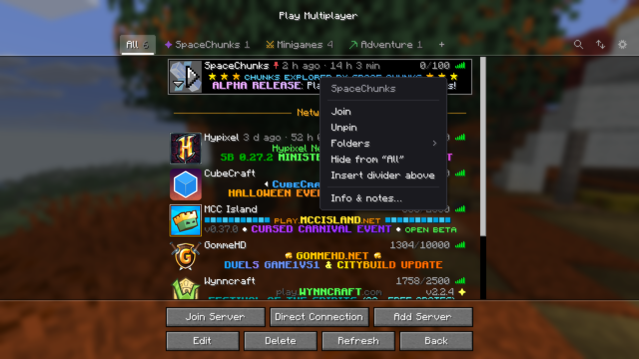 Context menu of a server