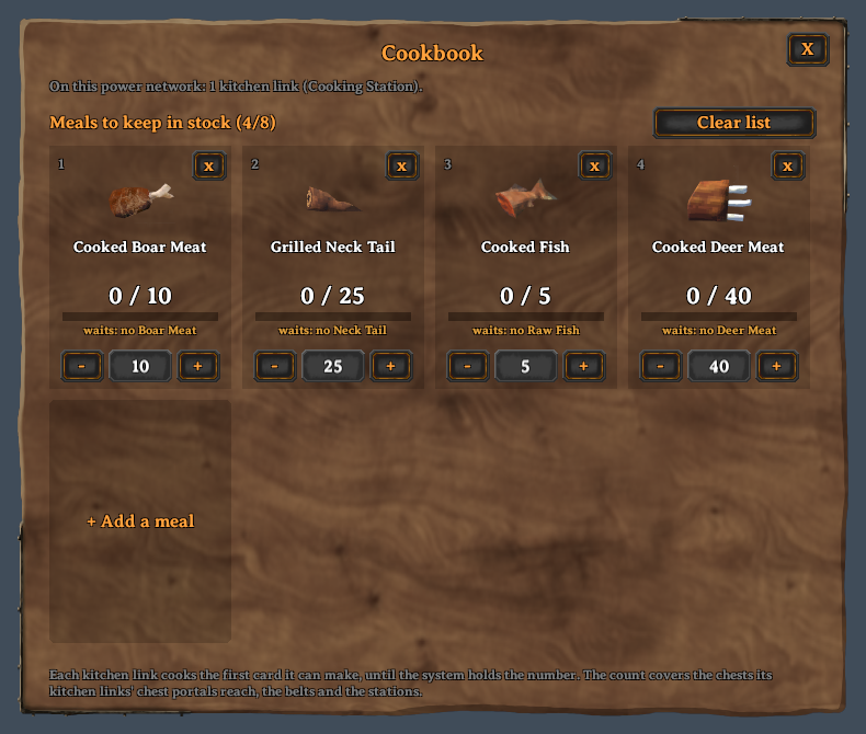 The cookbook window: four meals, each with its count, a bar and a stock number, and Add a meal