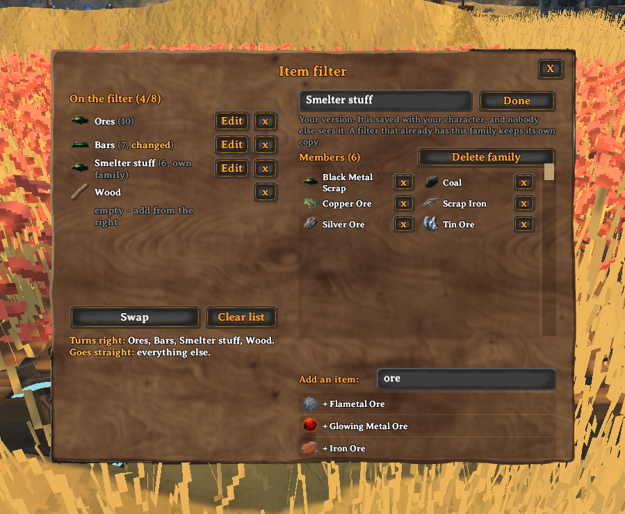 The family page: Smelter stuff, a family the player made, its items each with an x, and a search to add more