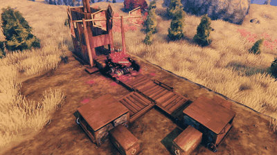The whole farm: boars ride from the pen through the grinder, and the loot is sorted into chests