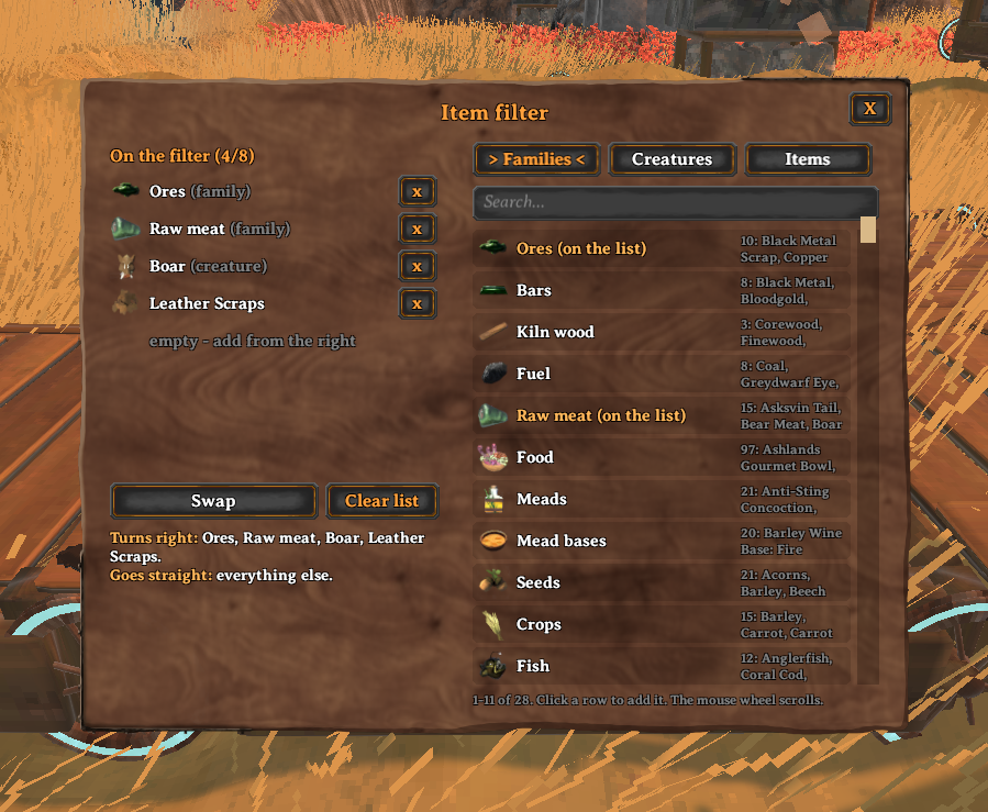 The item filter's settings window: Ores, Raw meat, Boar and Leather Scraps on the list