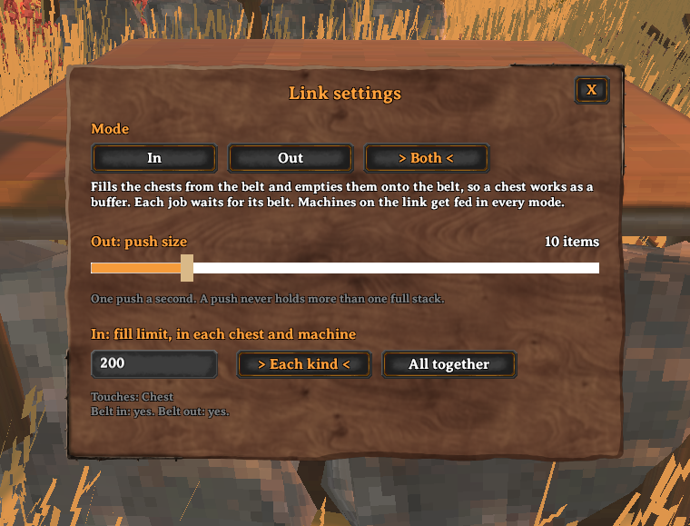 The link's settings window: mode Both, a push of 10 items, a fill limit of 200 of each kind