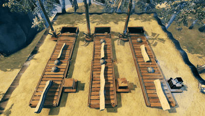 Three lines with a level 1, 2 and 3 upgrader: the same wood and stone ride 1.5, 2.5 and 4 times as fast