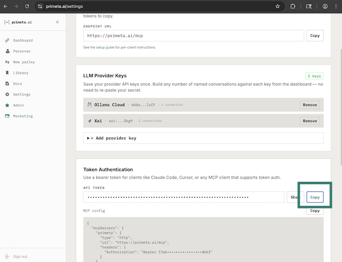 Primeta web app Settings → Connections page with the API token copy button