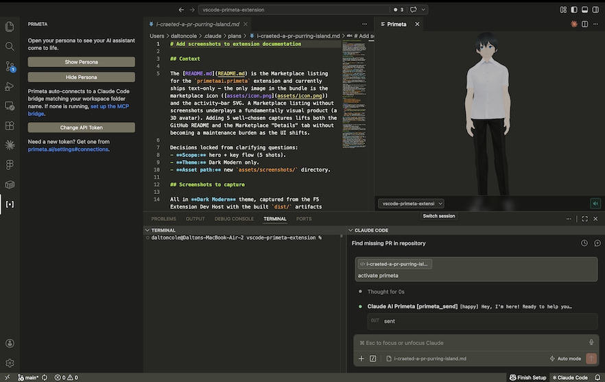 Primeta avatar panel speaking inside VS Code