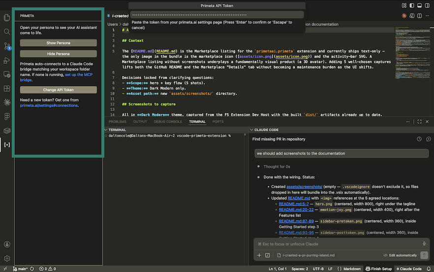 Primeta sidebar after an API token is set, showing Show Persona, Hide Persona, and Change API Token actions