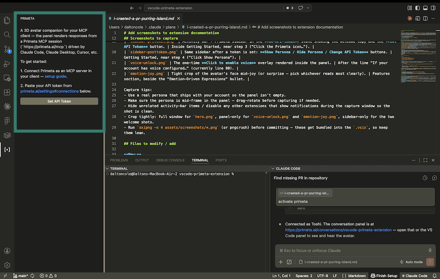 Primeta sidebar before an API token is set, showing the Set API Token button
