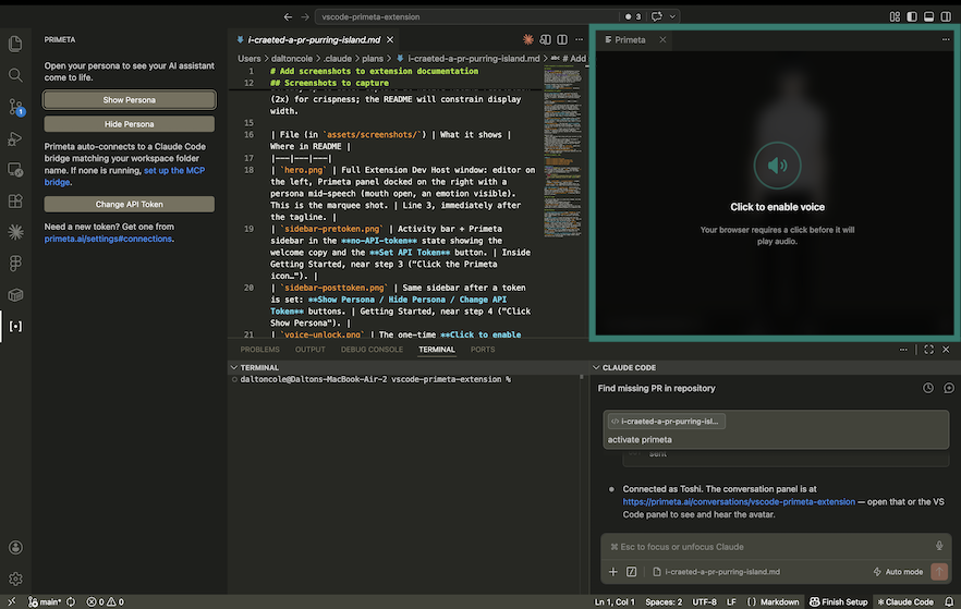 Click to enable voice overlay shown inside the Primeta panel