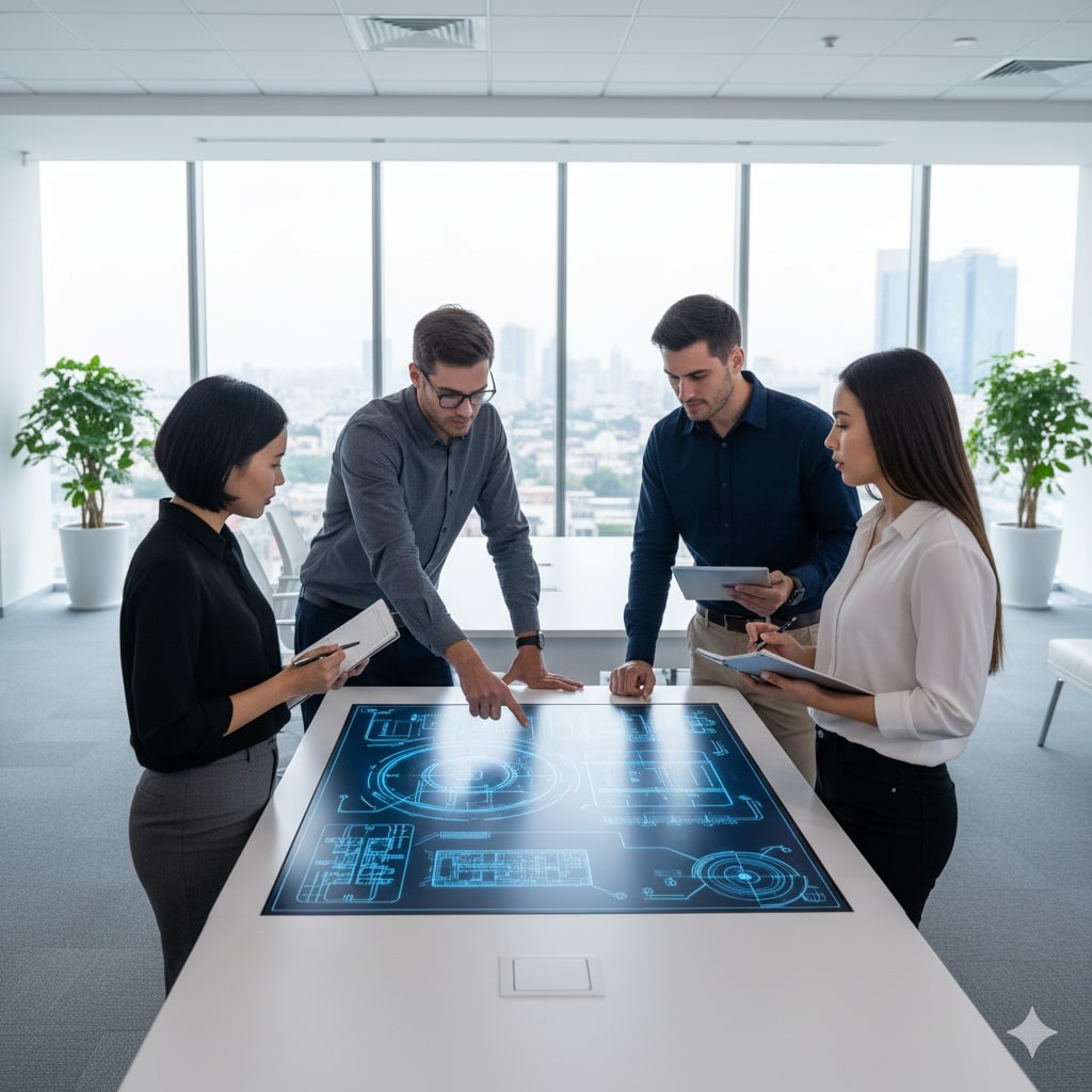 Engineers collaborating on CAD and prototypes