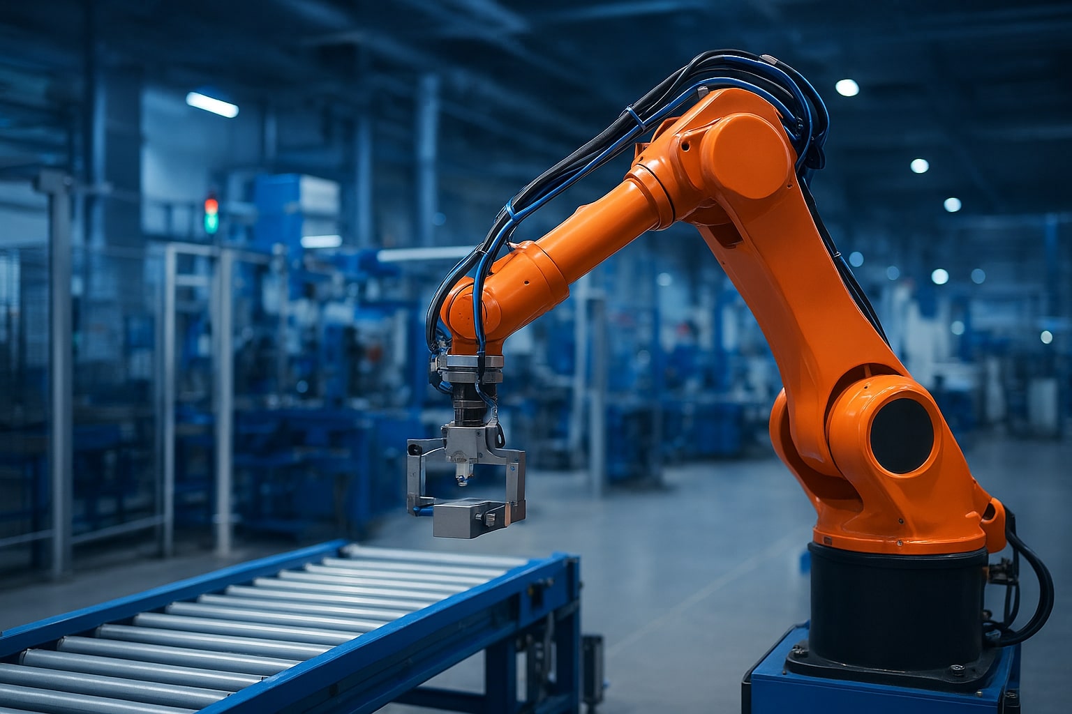 Robotic arm on a factory floor