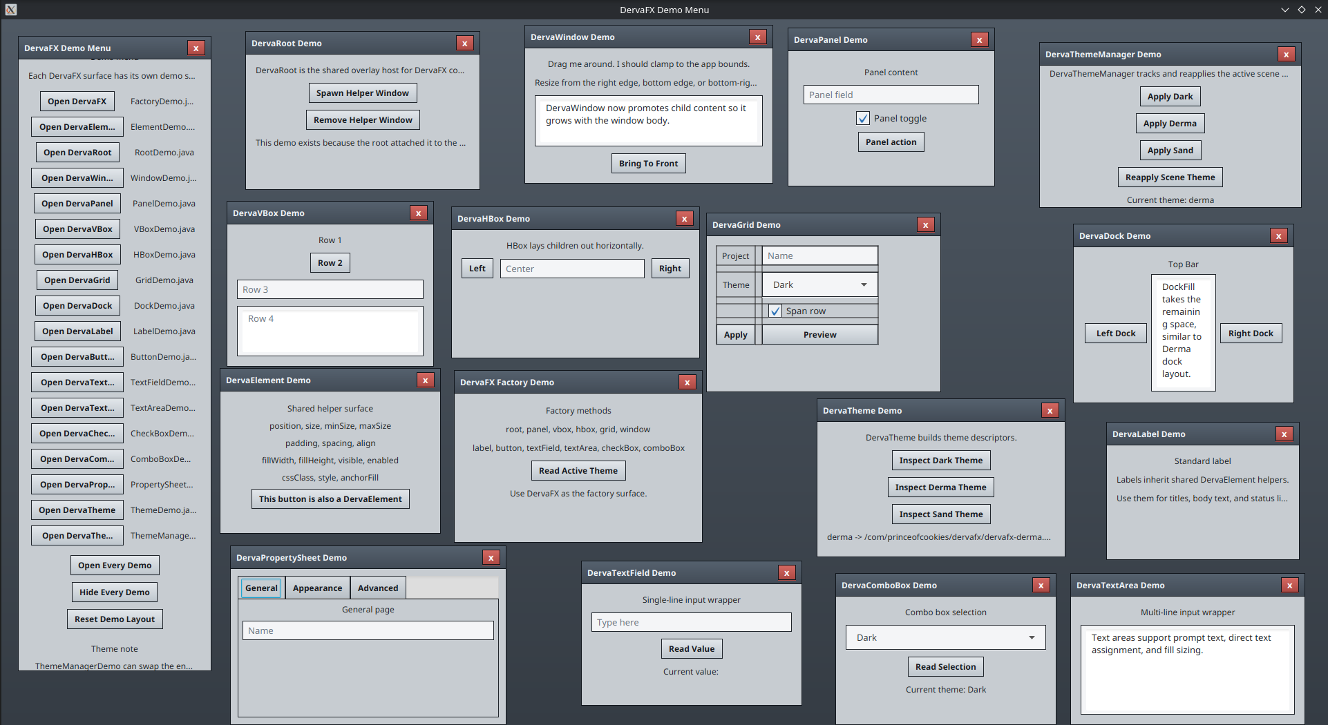 DervaFX demo window with grid-based inputs