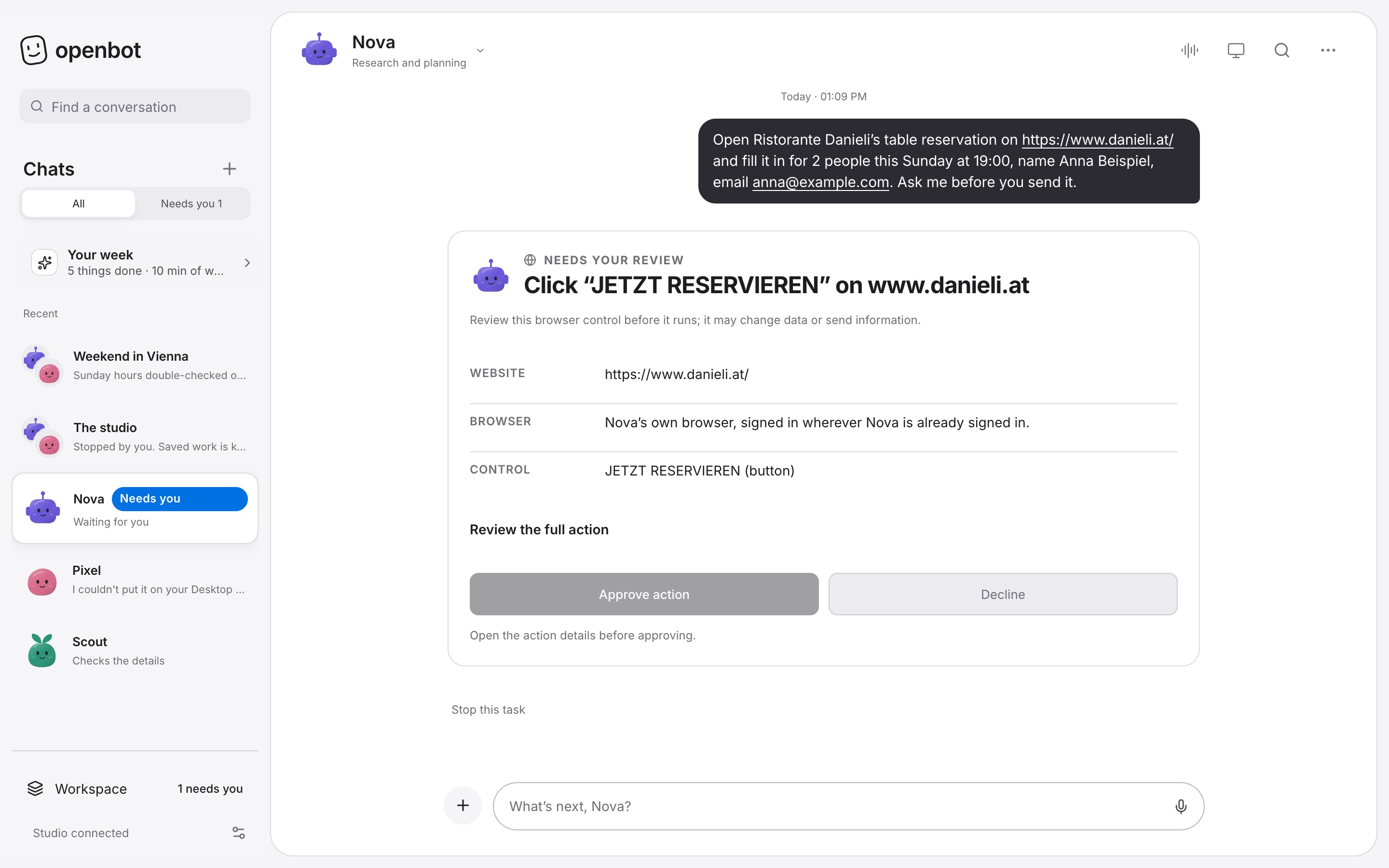 Nova asks before clicking a reservation button