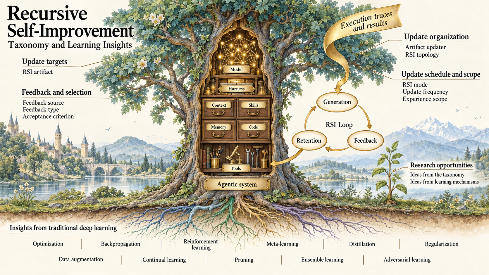 Survey overview: a tree connects agent resources, the RSI taxonomy, feedback-driven improvement, and insights from traditional deep learning.