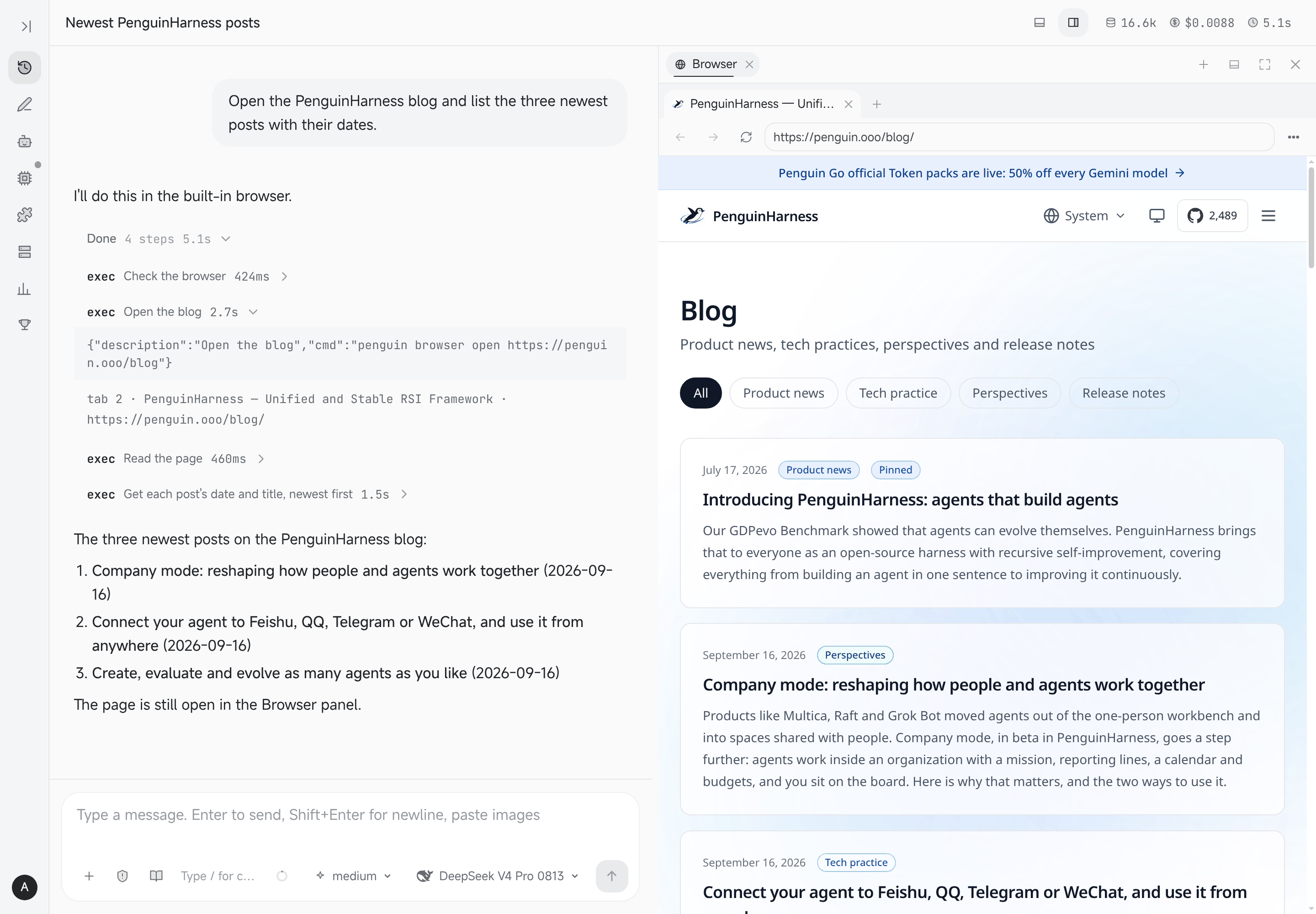 An agent reads the PenguinHarness blog in the Browser panel