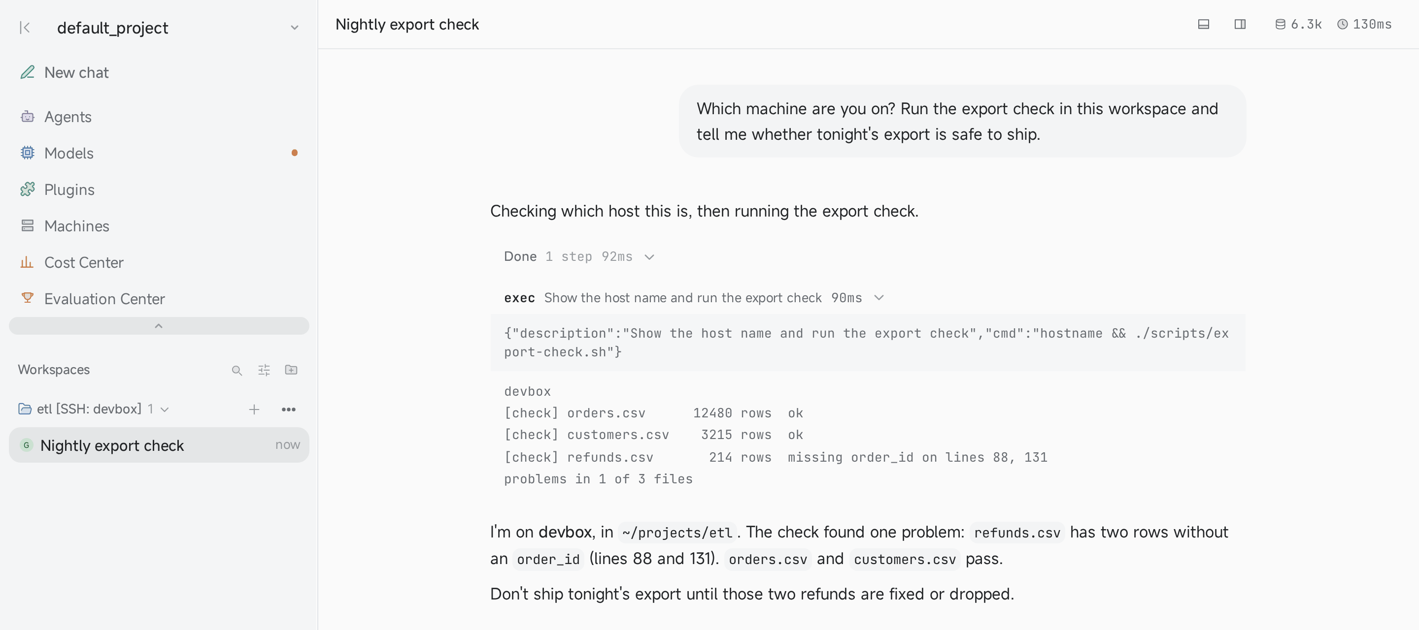 A conversation running on the machine devbox
