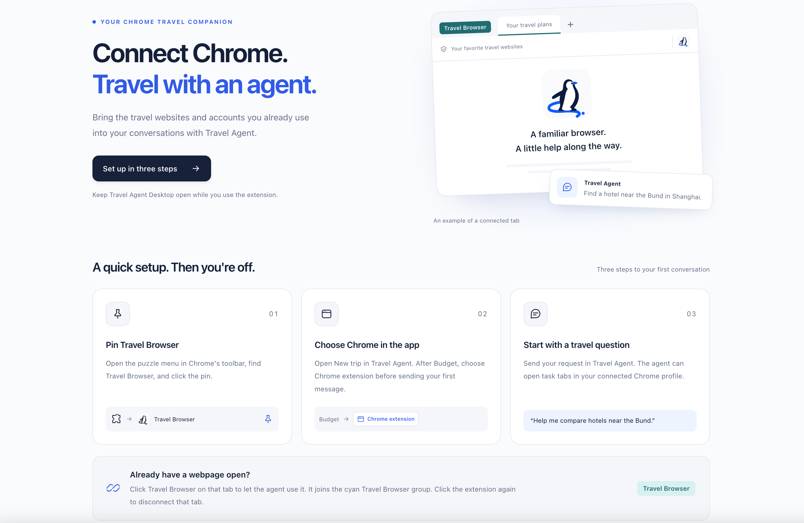 Travel Browser welcome page in English, showing how to pin the extension, choose Chrome in Travel Agent and start a travel conversation.