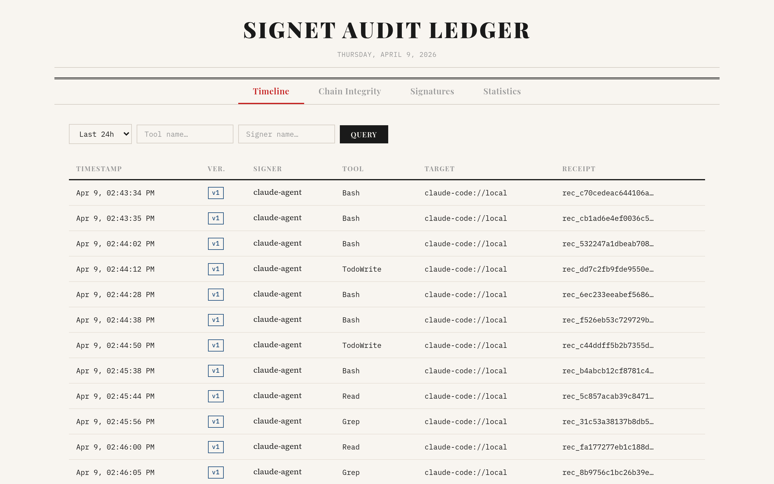 Signet audit dashboard — timeline view showing every signed tool call